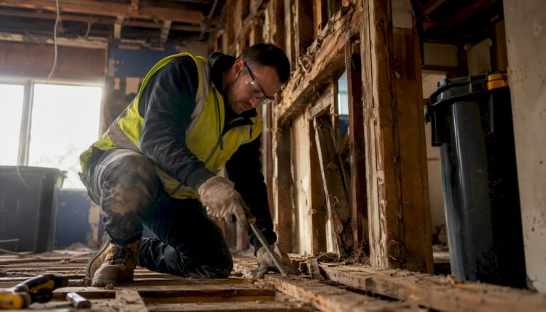 Worker dismantling timber frame during deconstruction