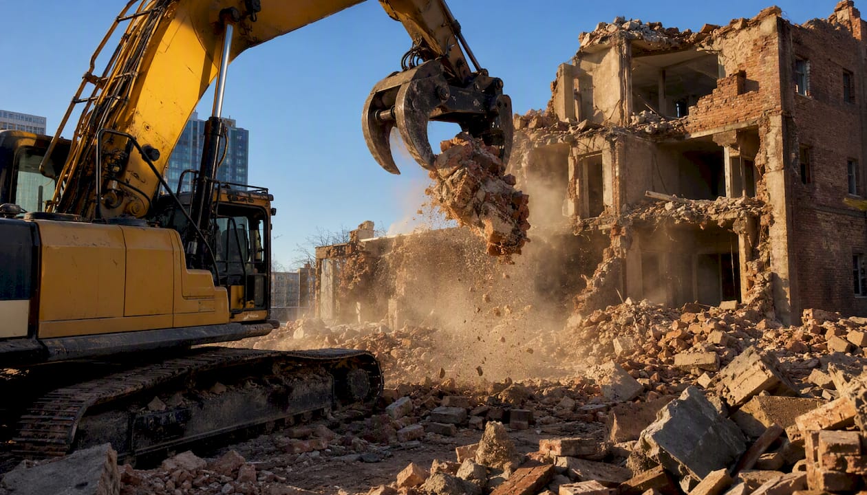 Excavator demolishing building structure