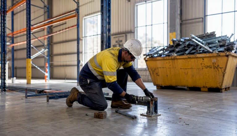 Worker dismantling pallet racking inside warehouse