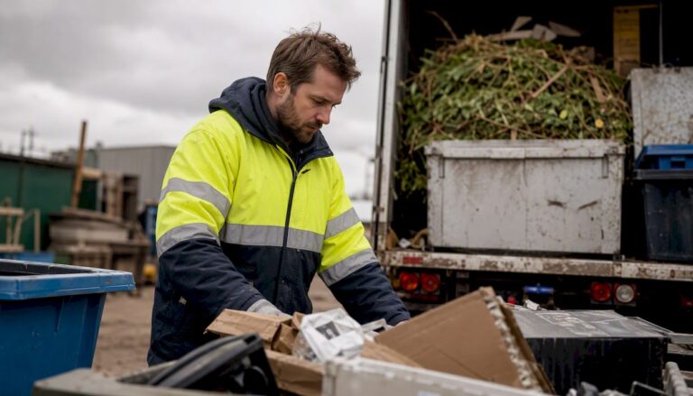 Worker loading segregated waste into rubbish truck