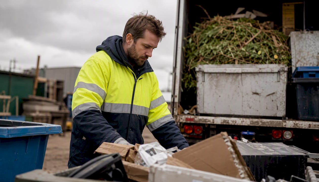 Worker loading segregated waste into rubbish truck