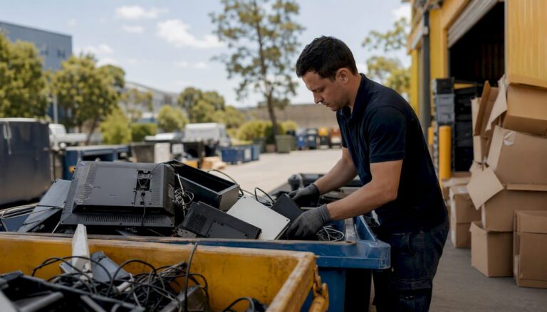 Worker sorting office electronic waste into bins