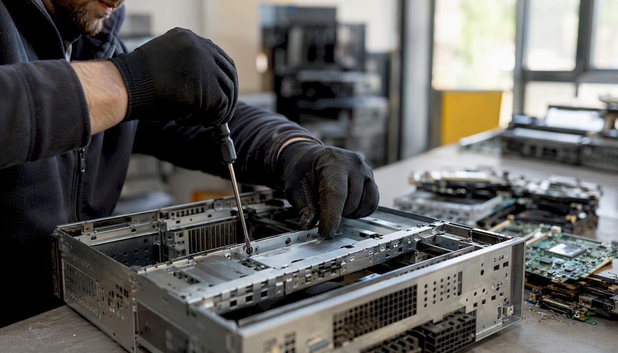 Worker destroying server hardware for data security
