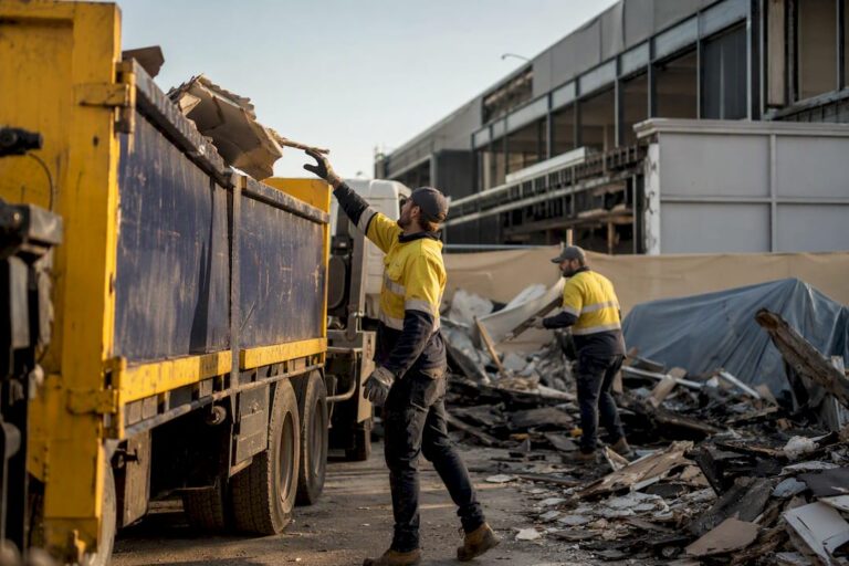 Crew loading fire damage debris into truck