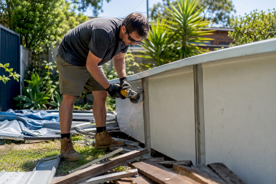 Worker dismantling above ground pool frame outdoors