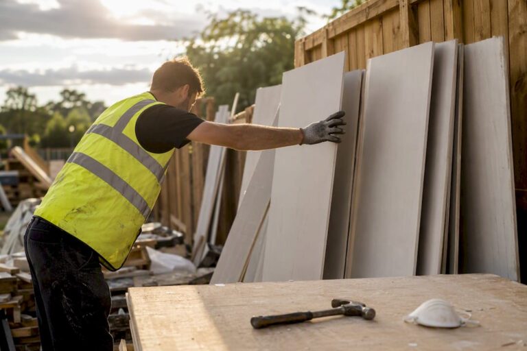 Hands stacking plasterboard sheets flat for recycling