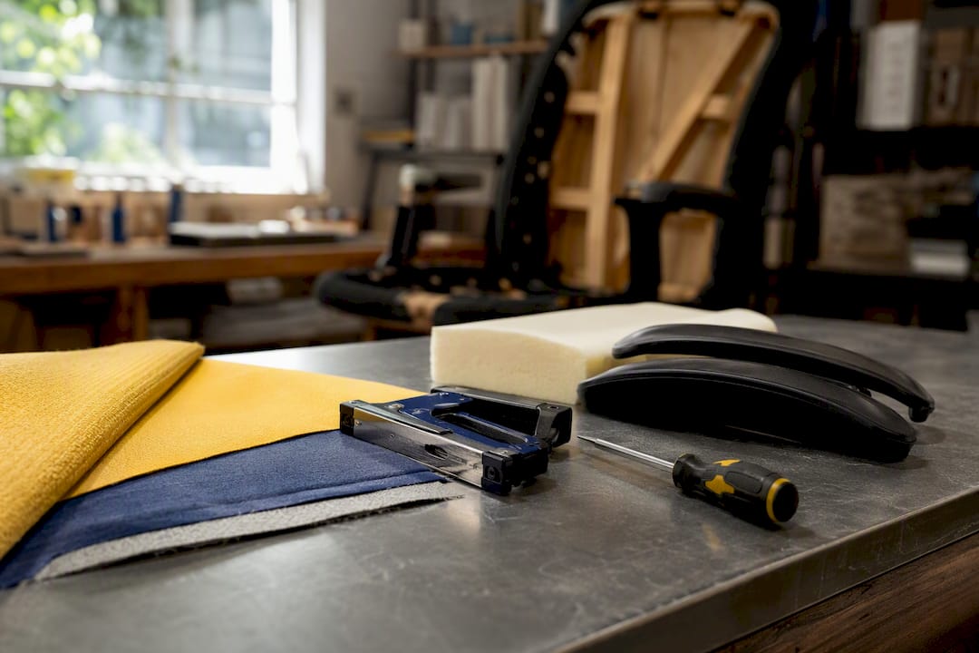 Tools and materials for office chair reupholstering