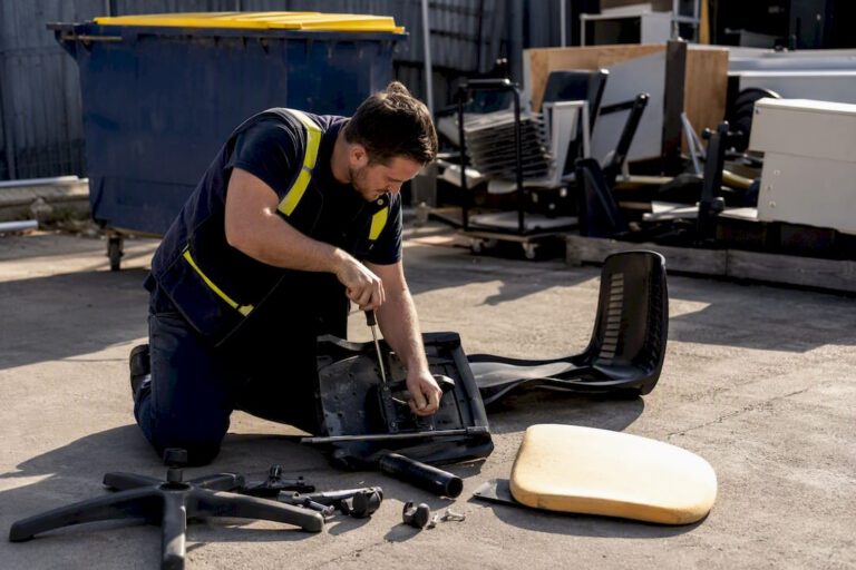 Worker disassembling office chair for recycling