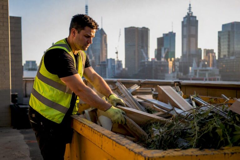 Worker loading office make good debris into skip bin