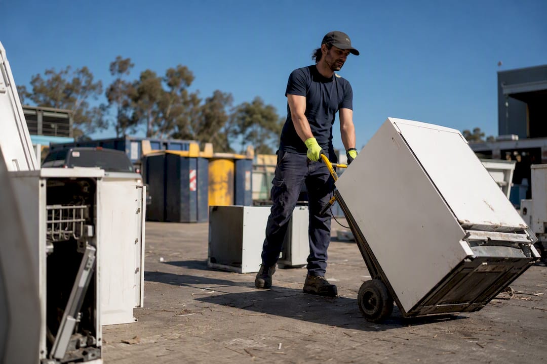 Worker moving appliances at a recycling drop-off centre