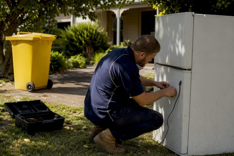 Worker detaching fridge power cable outdoors