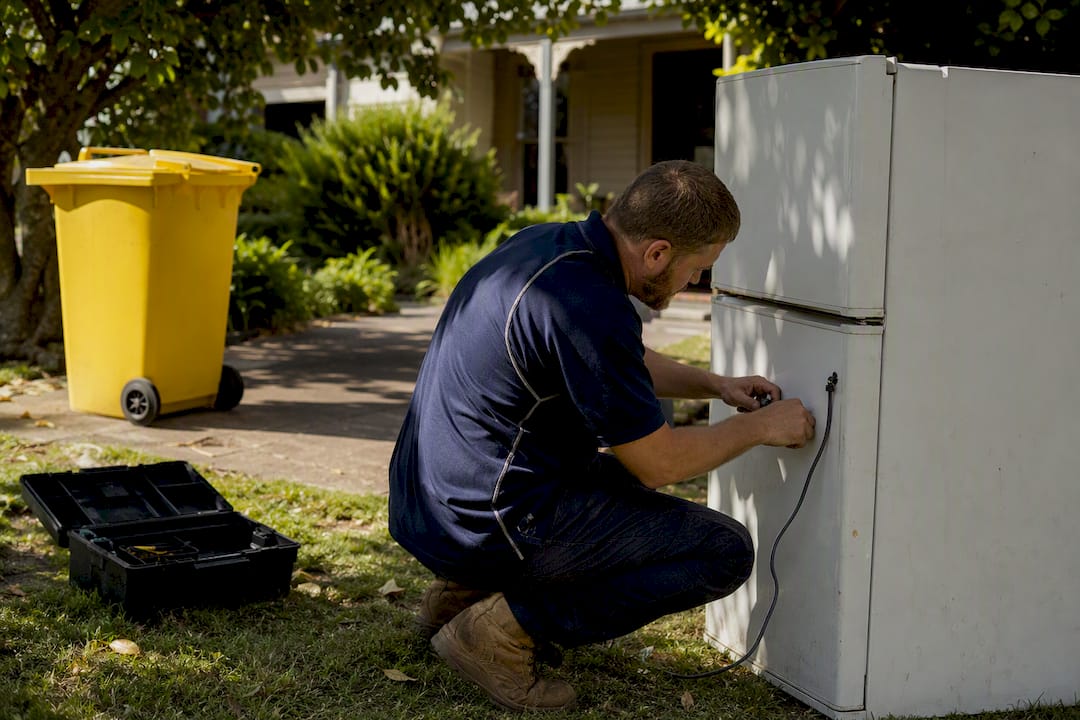Worker detaching fridge power cable outdoors