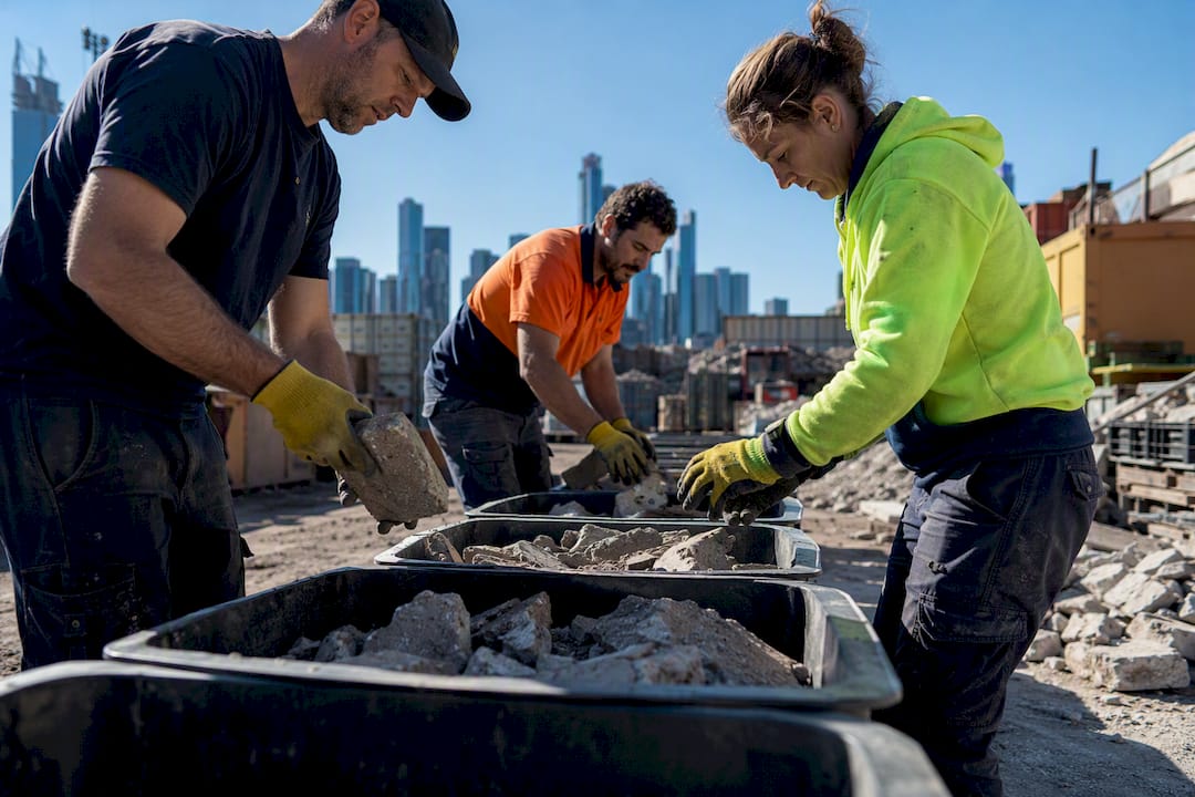 Workers sorting demolition waste by hand