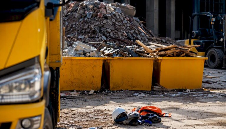 Demolition site with segregated waste bins