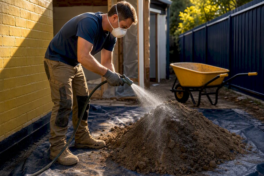 Worker wetting dry soil while wearing dust mask