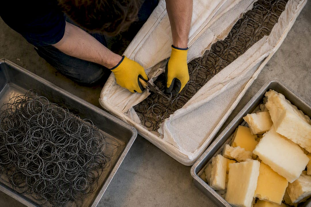 Worker separating mattress springs and foam