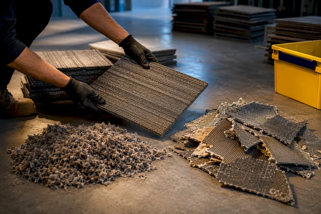 Carpet tiles sorted for recycling routes