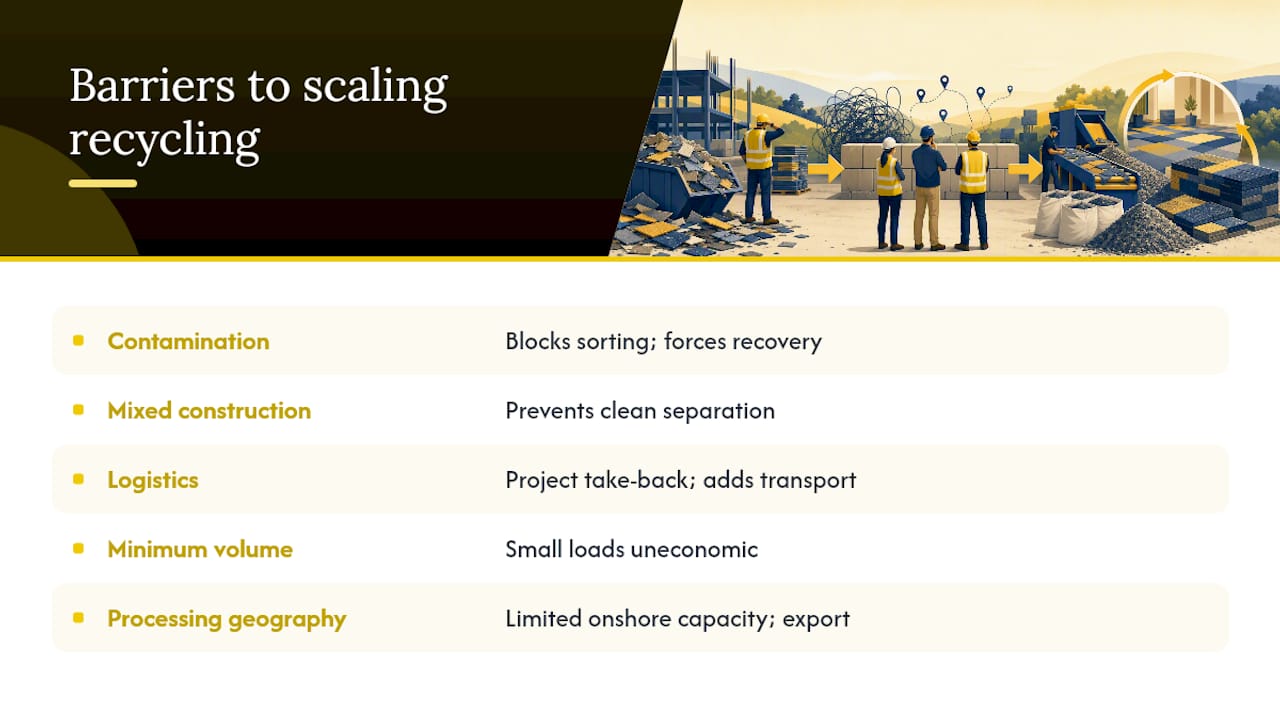 Barriers preventing carpet tile recycling scale