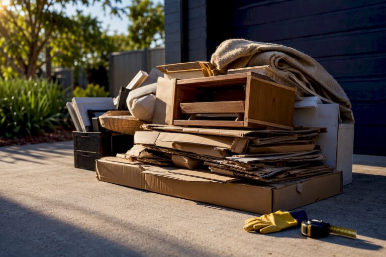 Measured household rubbish pile on driveway