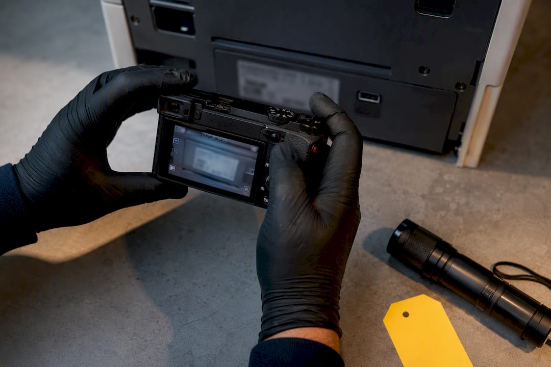Technician photographing printer rating plate