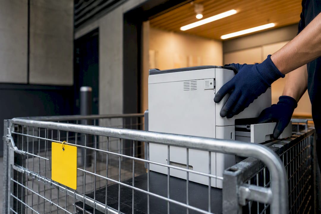 Anonymous office printer entering e-waste collection cage