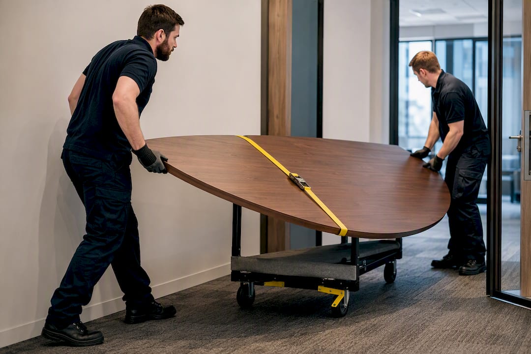 Workers manoeuvring oversized office furniture