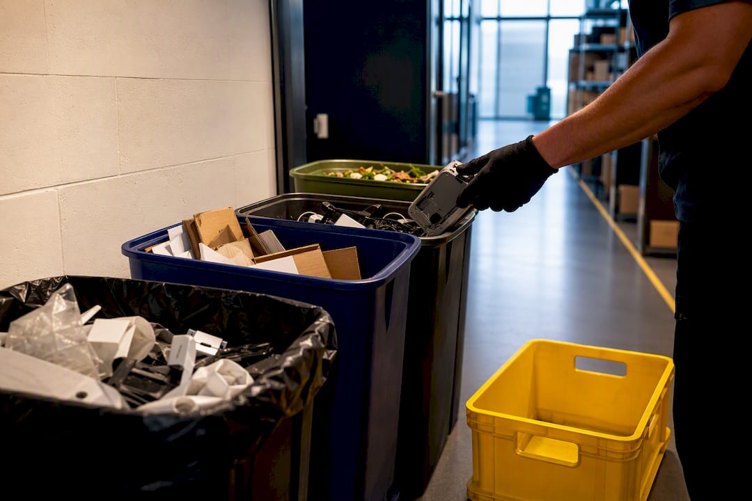 Separated office waste streams ready for removal