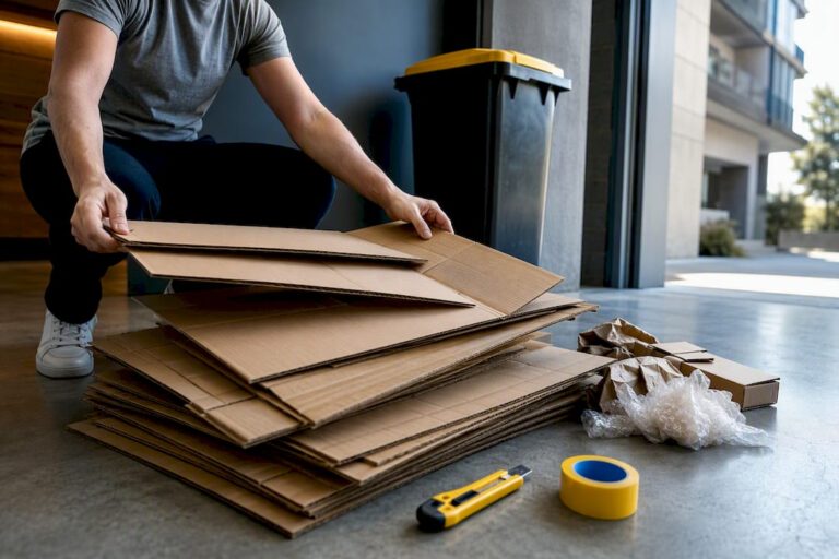 Flattened moving boxes beside recycling bin