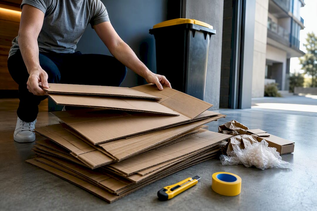 Flattened moving boxes beside recycling bin