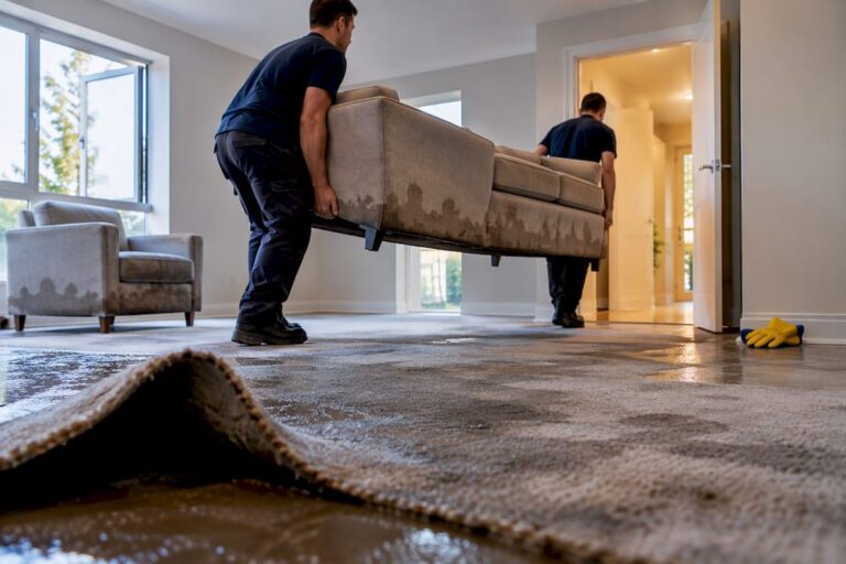 Crew removing flood damaged lounge furnishings