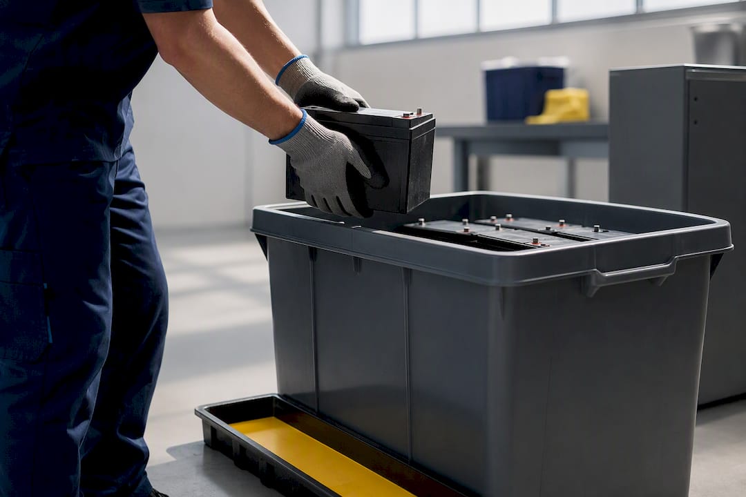 Worker separating UPS batteries for disposal