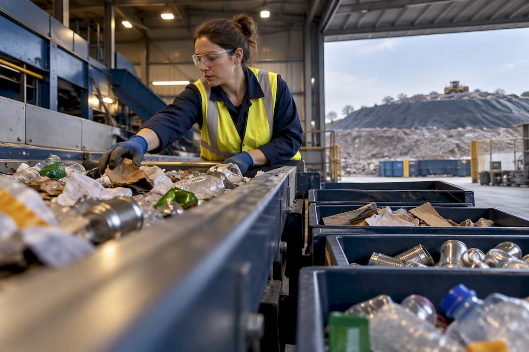 Worker sorting waste at recovery facility