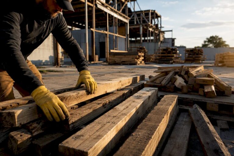 Worker sorting timber for commercial recycling