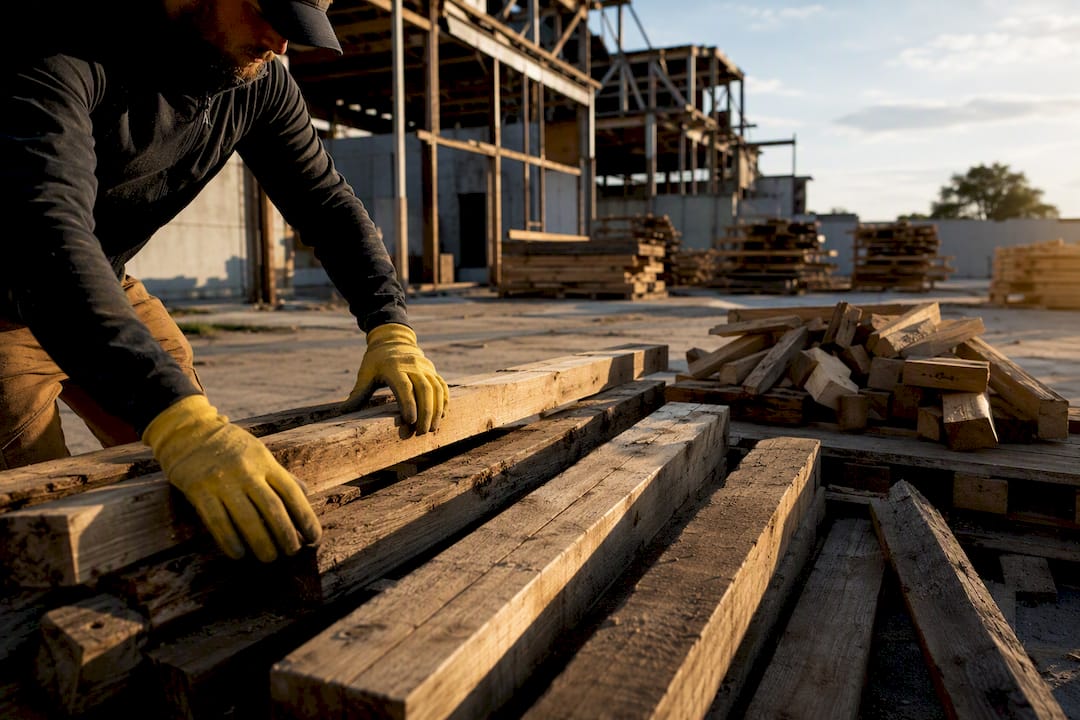 Worker sorting timber for commercial recycling