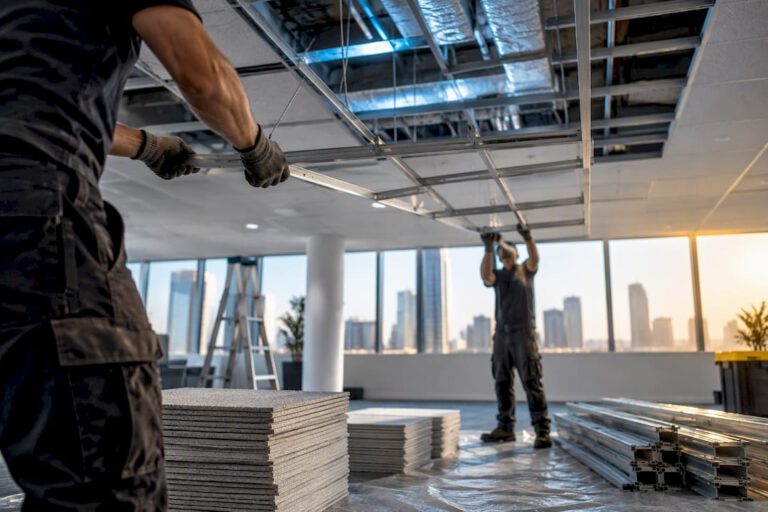 Crew lowering suspended ceiling grid sections