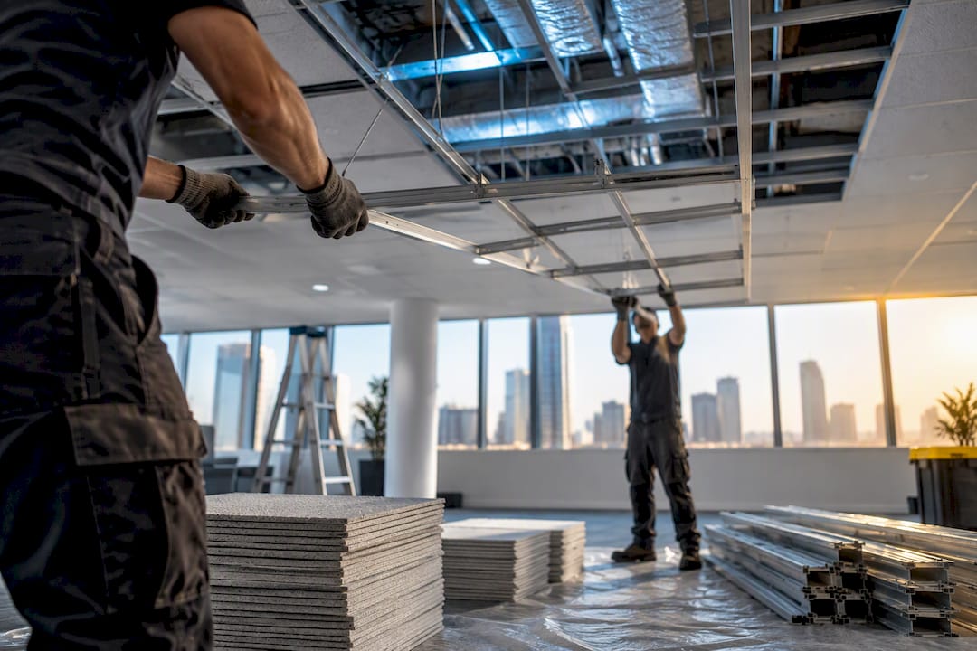 Crew lowering suspended ceiling grid sections