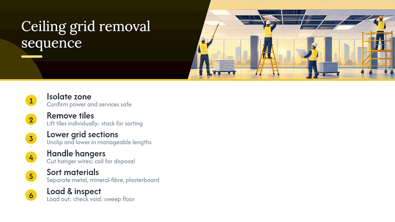 Step-by-step ceiling grid removal process