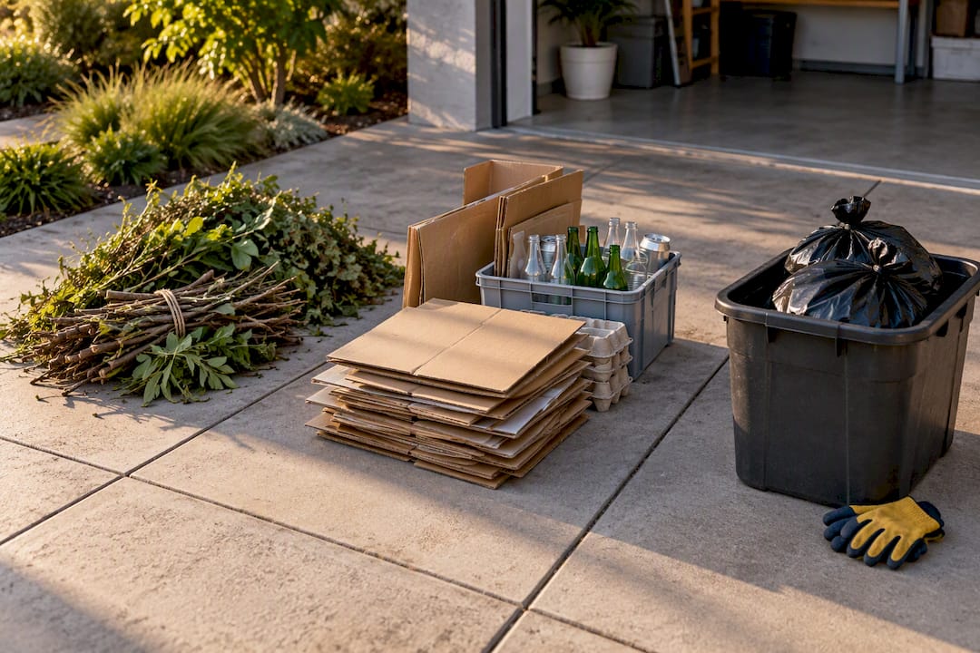 Separate piles of green waste and recyclables