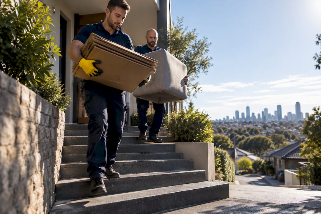 Crew carrying rubbish down residential stairs