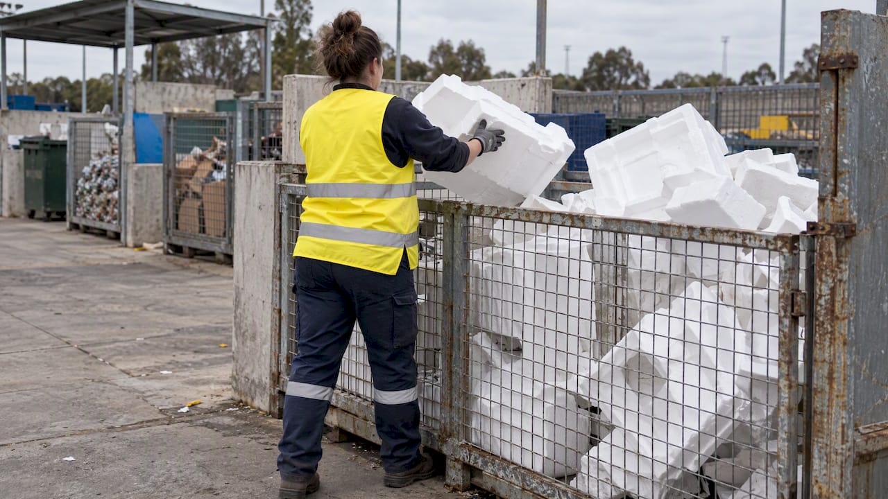 Worker placing EPS foam at drop-off depot