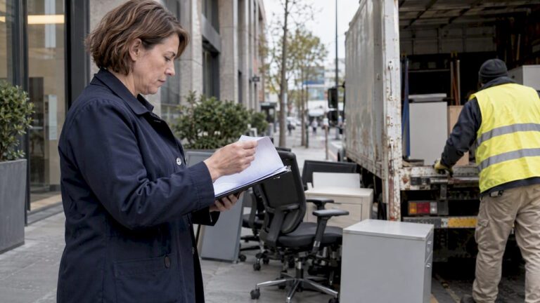 Manager checking a clearance permit beside truck