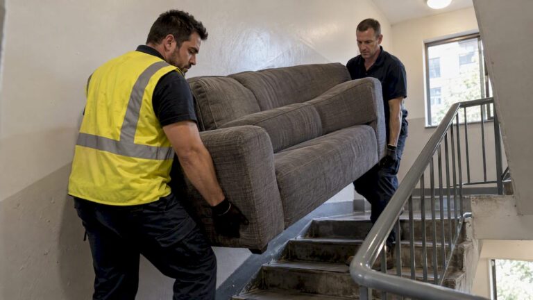 Workers carrying a discarded sofa downstairs