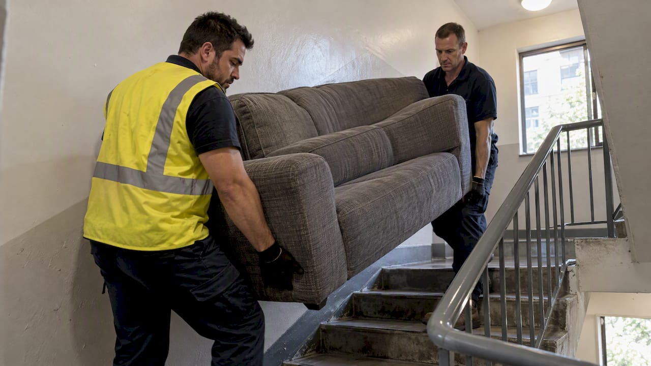 Workers carrying a discarded sofa downstairs