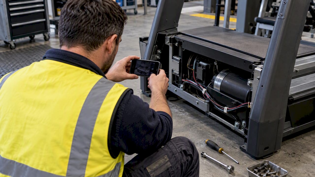 Technician photographing treadmill cable routing