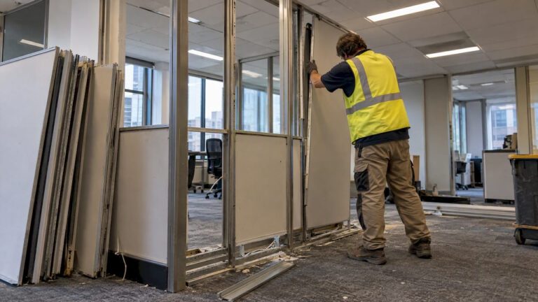 Contractor dismantling office partition panels