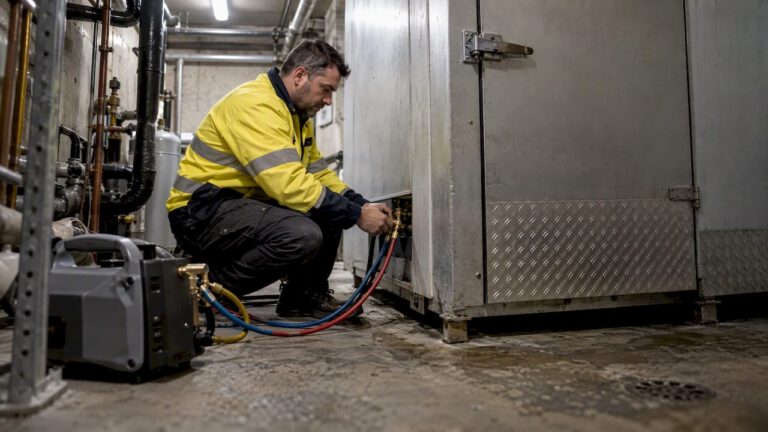 Technician recovering refrigerant from a walk-in cooler