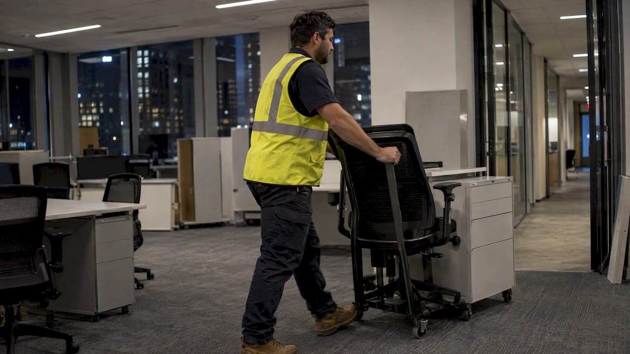 Crew wheeling discarded furniture from office