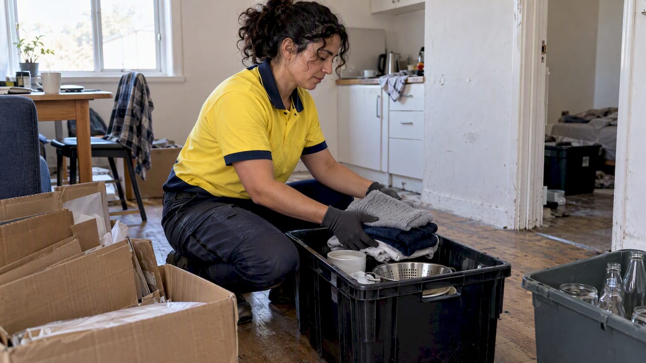 Worker separates reusable household goods for donation and recycling