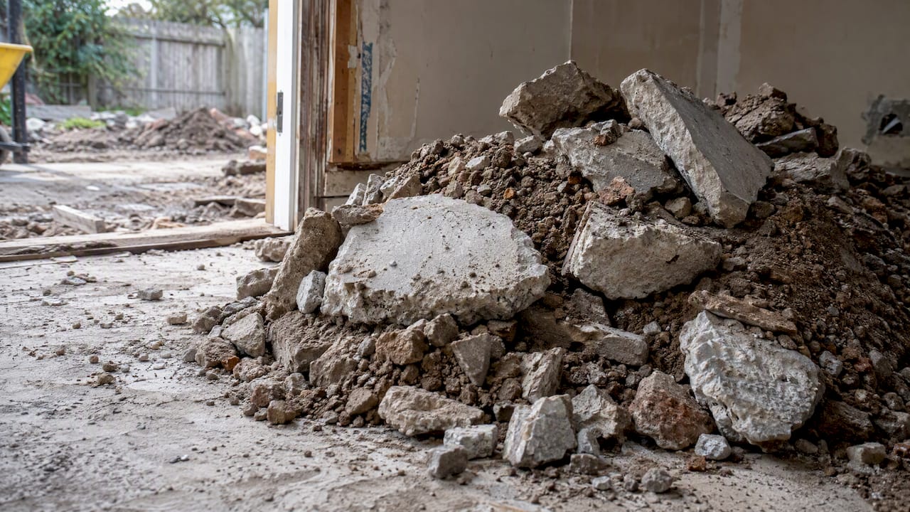 Concrete and soil piled at a renovation site