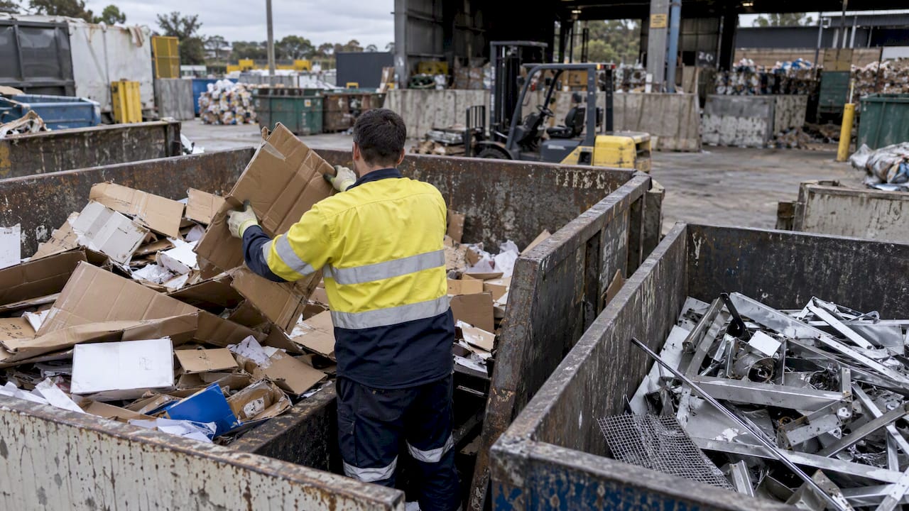 Worker sorting recoverable materials at a Melbourne facility